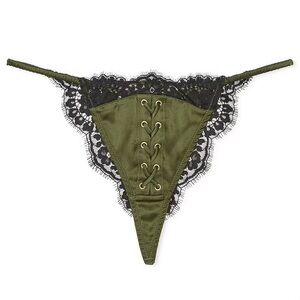 ATELIER x Victoria's Secret Small Woodland Green Satin Lace Trim Tanga Panty